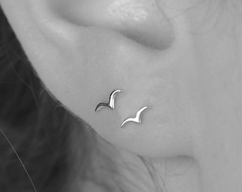 Tiny Silver Sterling Stud Earrings Minimalist Posts Flying Birds Seagull Dove Christmas Gifts Birthday Gift