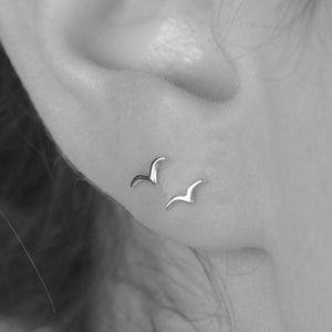 Tiny Silver Sterling Stud Earrings Minimalist Posts Flying Birds Seagull Dove Christmas Gifts Birthday Gift
