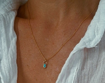 Dainty 14k Solid Gold Turquoise Necklace, Minimalist Gemstone Pendant