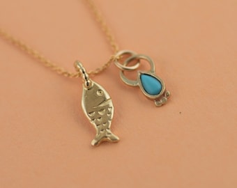 14k Gold Charm Necklace, Fish & Turquoise Pendant, Boho Jewelry
