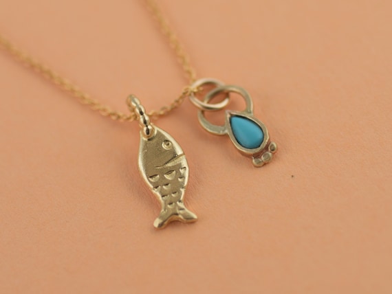 14金チャームネックレス、魚とターコイズのペンダント、ボヘミアン 