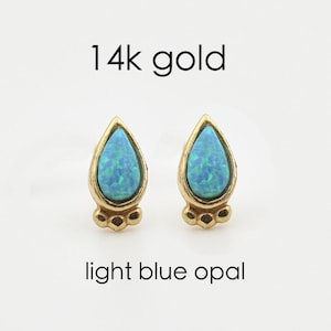 14k Gold Opal Stud Earrings, Blue Opal Post, 14k Gold Light Blue Opal Studs, Drop Opal Studs, Small Opal Post Earring, Gold Studs