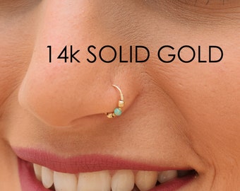 Nose Ring Hoop, Small Nose Ring, Solid Gold Nose Ring, Boho Nose Ring, Helix Piercing, Tragus Earring, Cartilage Earring, Opal Bead Hoop