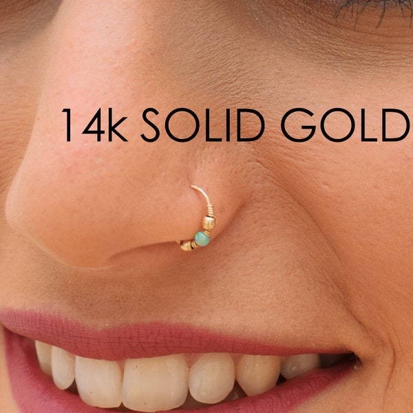 Nose Ring Hoop, Small Nose Ring, Solid Gold Nose Ring, Boho Nose Ring, Helix Piercing, Tragus Earring, Cartilage Earring, Opal Bead Hoop