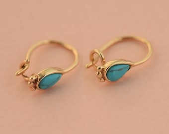 Handmade 14K Yellow Gold Turquoise Teardrop Dangle Earrings