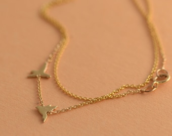 14k Gold Flying Birds Necklace, Asymmetric Dainty Jewelry