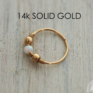 Gold nose Ring, Hipie Nose Ring, Boho Piercing, Tiny Nose Ring, Cartilage Earring, Helix, Tragus, Thin Hoop, Nose Hoop With Beads, Opal Hoop