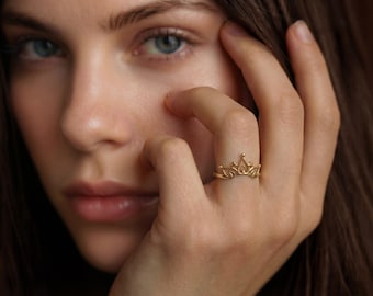 14K Gold Crown Ring, Dainty Stacking Ring, Handmade