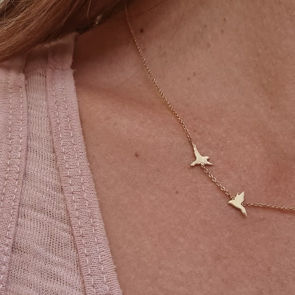 14k Gold Asymmetric Necklace, Two Birds Sideways Necklace, Real Gold Flying Birds Necklace, Solid Gold Necklace, Gift To Her