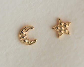 14k Gold Moon & Star Stud Earrings: Celestial Jewelry, Gold Studs