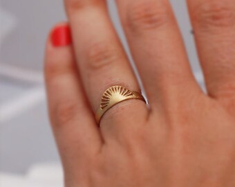 14k Gold Sun Ring, Dainty Sunshine Band, Handmade