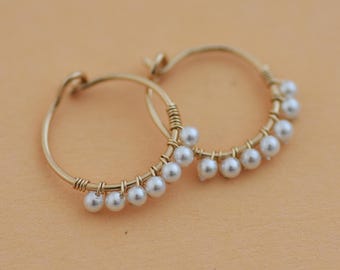 14K Solid Gold Pearl Hoop Earrings, Wire Wrapped Freshwater Pearls