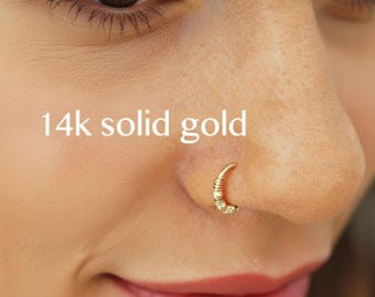 14k Solid Gold Nose Ring, Tiny Beaded Hoop, Cartilage Piercing