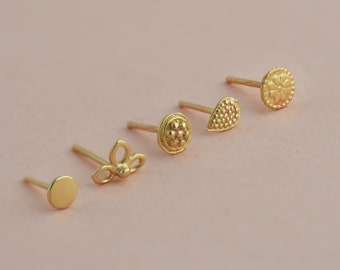 14k Gold Stud Earrings, Mix & Match 14 Karat Solid Gold Post Earrings, Rose Gold Tiny studs, Flower Dainty Minimalistic Mini Stud Earrings