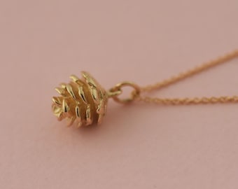 14k Solid Gold Pinecone Pendant Necklace, Handmade Forest Charm