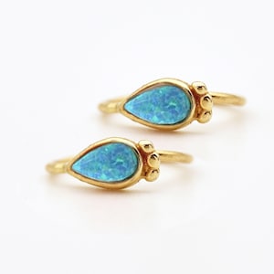 Opal Hoop Earrings, 14K GOLD Hoops, Blue Opal Earrings, Tribal Hoops, Tiny Earrings, Boho Jewelry, Gemstone Earrings, Small Hoops XS