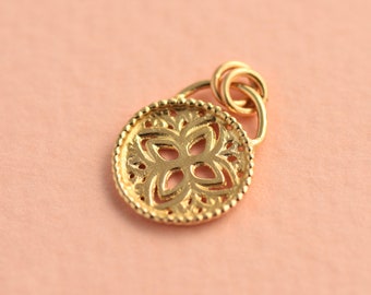 Gold Pendant, 14k Solid Gold Mandala Pendant, Gold Flower Coin, Round Pendant, Solid Gold  Boho Necklace, 14k Gold Delicate Necklace