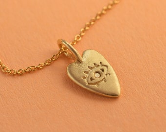 14k Solid Gold Evil Eye Charm Anhänger, 14k Solid Gold Herz Anhänger, Evil Eye Good Luck Schutz Charm Anhänger Schutz Auge Schmuck Geschenk