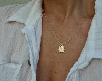 14k Gold Coin Medallion Necklace, Antique Style Pendant