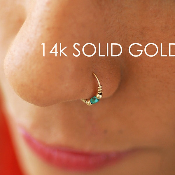 Tribal Piercing, Gold nose Ring, Tragus Earring, Tiny Nose Ring, Helix Hoop, Cartilage Earring,  Rook Piercing, Turquoise Beaded Nose Ring