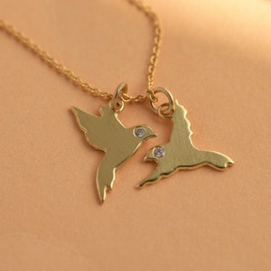 14K Gold Flying Birds Necklace, 14k Solid Gold Dove Necklace, Graceful Elegance, Two Bird Charm Detailed Necklace, Love Necklace