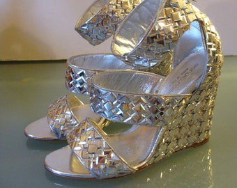 Made in Italy Silver Sergio Rossi Wedge Sandals Size 36EU