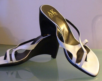 Anne Klein Made in Italy Black & White Wedge Heel Sandals Size 7.5M