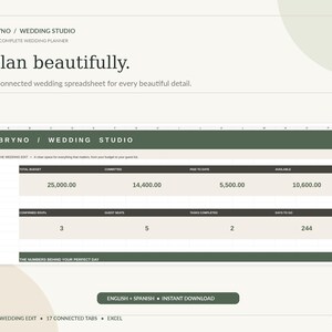 Puede incluir: Una hoja de cálculo digital para planificar bodas titulada BRYNO / WEDDING STUDIO. La interfaz presenta un encabezado verde oscuro, celdas blancas y texto negro que muestra categorías presupuestarias como presupuesto total, comprometido y disponible.