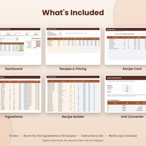 May include: A digital spreadsheet template for bakery recipe costing and pricing, featuring six distinct sections labeled Dashboard, Recipes & Pricing, Recipe Card, Ingredients, Recipe Builder, and Unit Converter, with text indicating 8 tabs and room for 150 ingredients and 50 recipes.