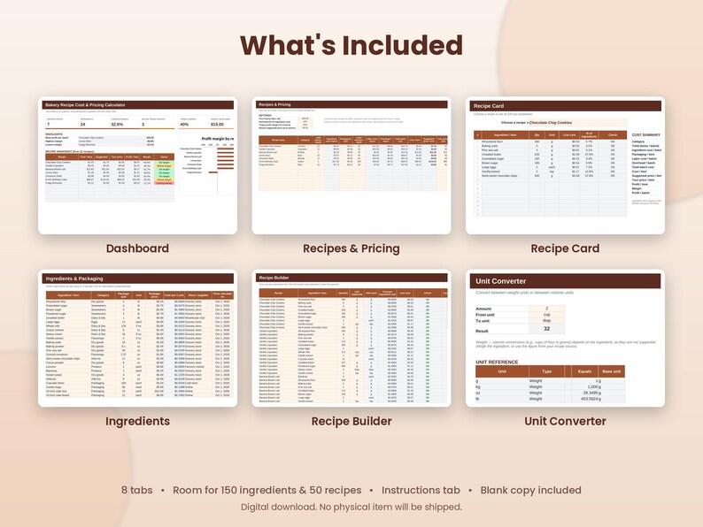 May include: A digital spreadsheet template for bakery recipe costing and pricing, featuring six distinct sections labeled Dashboard, Recipes & Pricing, Recipe Card, Ingredients, Recipe Builder, and Unit Converter, with text indicating 8 tabs and room for 150 ingredients and 50 recipes.