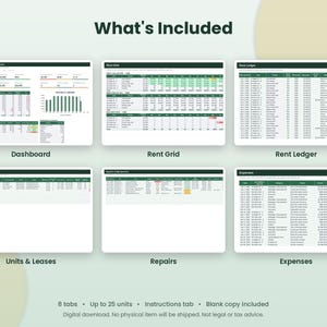 以下が含まれることがあります： Dashboard、Rent Grid、Rent Ledger、Units & Leases、Repairs、Expensesとラベル付けされた6つのセクションで構成される、賃貸物件管理用のデジタルスプレッドシート。レイアウトには表、グラフ、データ入力フィールドが含まれています。