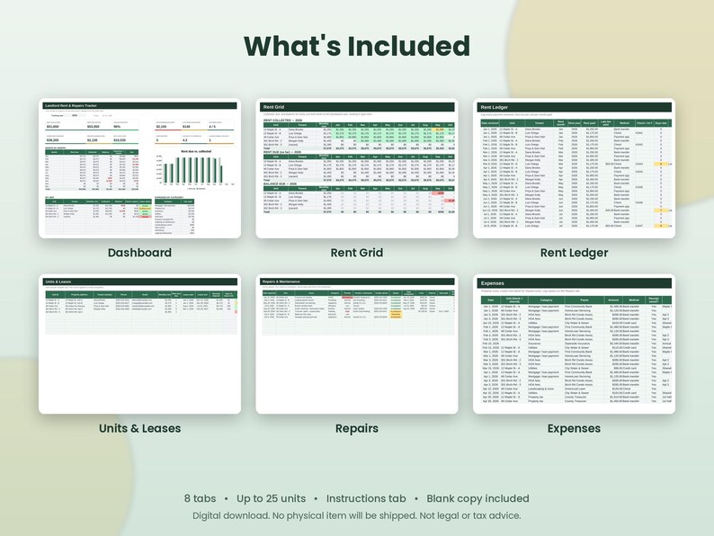 以下が含まれることがあります： Dashboard、Rent Grid、Rent Ledger、Units & Leases、Repairs、Expensesとラベル付けされた6つのセクションで構成される、賃貸物件管理用のデジタルスプレッドシート。レイアウトには表、グラフ、データ入力フィールドが含まれています。