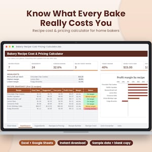 May include: A digital spreadsheet titled Bakery Recipe Cost & Pricing Calculator displayed on a laptop screen. The dashboard shows recipe metrics, profit margins, and a bar chart for various baked goods like cookies and brownies.