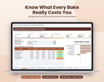 以下が含まれることがあります： ノートパソコンの画面に表示された「Bakery Recipe Cost & Pricing Calculator」というタイトルのデジタルスプレッドシート。ダッシュボードには、レシピの指標、利益率、クッキーやブラウニーなどの焼き菓子に関する棒グラフが表示されています。