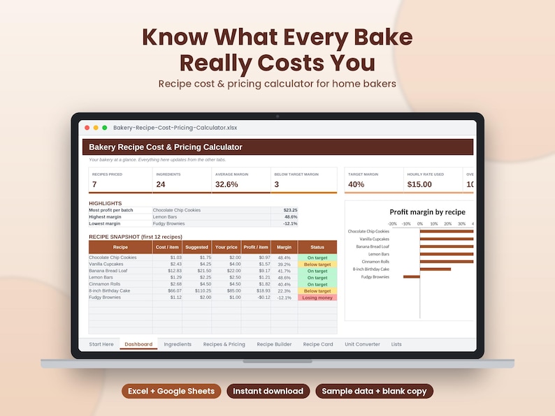 May include: A digital spreadsheet titled Bakery Recipe Cost & Pricing Calculator displayed on a laptop screen. The dashboard shows recipe metrics, profit margins, and a bar chart for various baked goods like cookies and brownies.