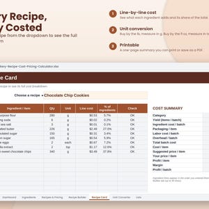 May include: A digital spreadsheet titled Bakery-Recipe-Cost-Pricing-Calculator.xlsx displaying a Recipe Card for chocolate chip cookies. The table lists ingredients, quantities in grams, unit costs, and percentages, with a cost summary sidebar.