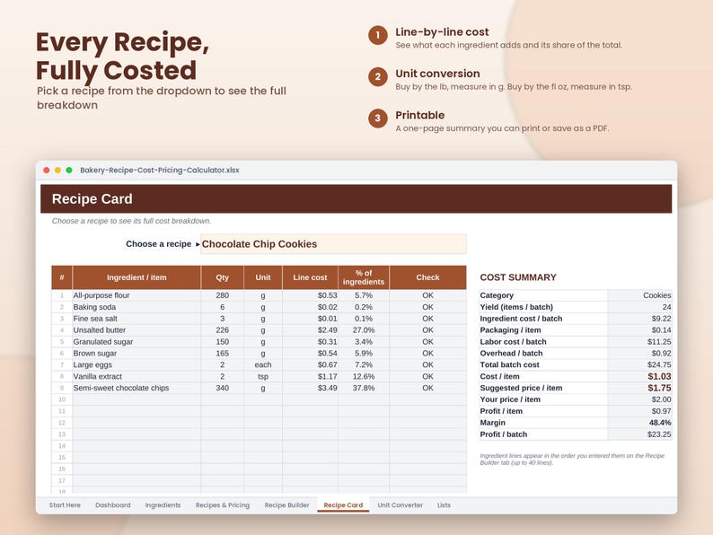 May include: A digital spreadsheet titled Bakery-Recipe-Cost-Pricing-Calculator.xlsx displaying a Recipe Card for chocolate chip cookies. The table lists ingredients, quantities in grams, unit costs, and percentages, with a cost summary sidebar.