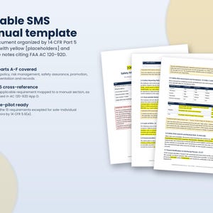 May include: An editable SMS manual template in Word document format, featuring text organised by 14 CFR Part 5 subparts. The document includes yellow placeholders and guidance notes citing FAA AC 120-92D, covering subparts A-F and single-pilot requirements.