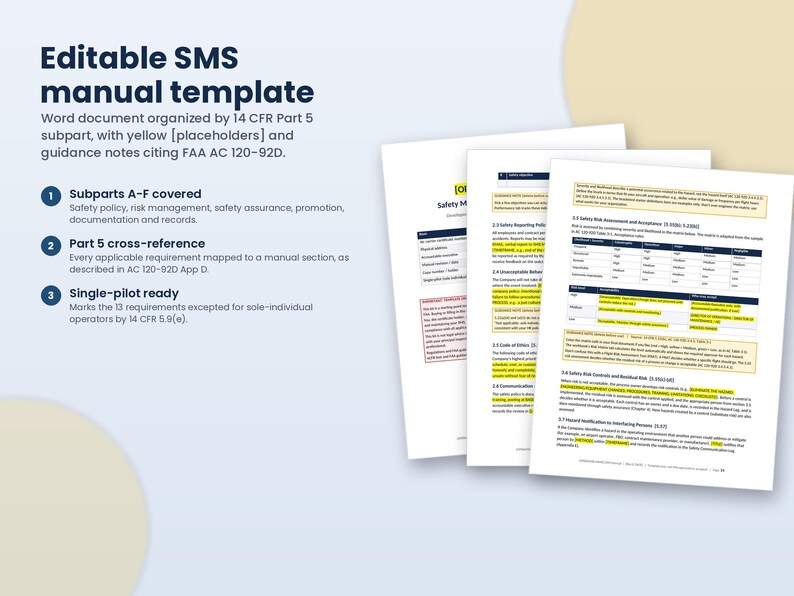 May include: An editable SMS manual template in Word document format, featuring text organised by 14 CFR Part 5 subparts. The document includes yellow placeholders and guidance notes citing FAA AC 120-92D, covering subparts A-F and single-pilot requirements.