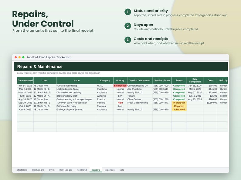 以下が含まれることがあります： Landlord-Rent-Repairs-Tracker.xlsxというタイトルのデジタルスプレッドシート。修理とメンテナンスの表が表示されており、日付、ユニット、問題、カテゴリ、優先度、業者、電話番号、ステータス、完了日、費用、支払者の列が含まれています。