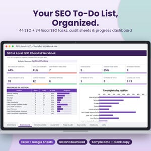 Puede incluir: Una pantalla de port&aacute;til que muestra un panel de control de libro de trabajo de SEO y SEO local. La interfaz presenta barras de progreso, porcentajes de tareas completadas y tablas de datos para auditor&iacute;as de sitios web y m&eacute;tricas SEO.