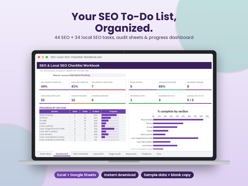 Puede incluir: Una pantalla de port&aacute;til que muestra un panel de control de libro de trabajo de SEO y SEO local. La interfaz presenta barras de progreso, porcentajes de tareas completadas y tablas de datos para auditor&iacute;as de sitios web y m&eacute;tricas SEO.