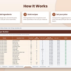 May include: A digital spreadsheet titled Bakery-Recipe-Cost-Pricing-Calculator.xlsx featuring a Recipe Builder tab. The interface includes three steps: Add ingredients, Build recipes, and Set your price, followed by a detailed table listing ingredients, quantities, units, and costs for chocolate chip cookies and vanilla cupcakes.