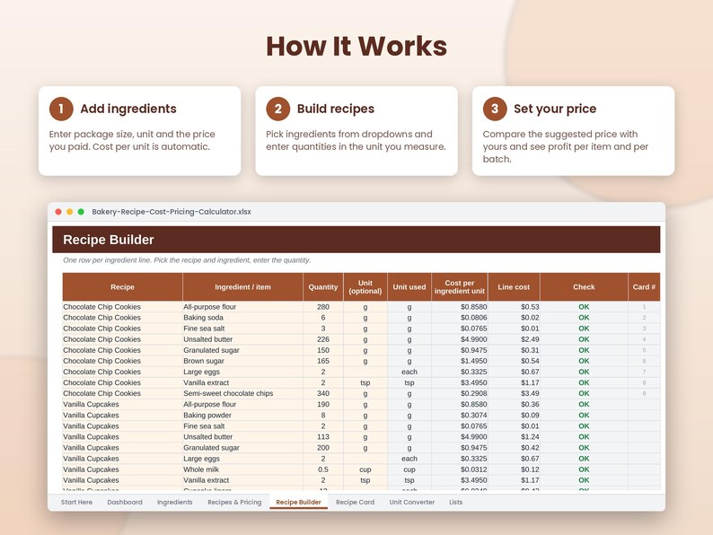 May include: A digital spreadsheet titled Bakery-Recipe-Cost-Pricing-Calculator.xlsx featuring a Recipe Builder tab. The interface includes three steps: Add ingredients, Build recipes, and Set your price, followed by a detailed table listing ingredients, quantities, units, and costs for chocolate chip cookies and vanilla cupcakes.