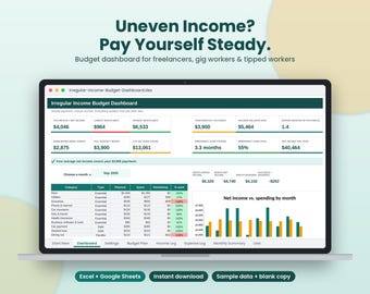 以下が含まれることがあります： ノートパソコンの画面に表示された「Irregular Income Budget Dashboard」というタイトルのデジタル予算管理ダッシュボード。財務データ表、純利益と支出を比較する棒グラフ、ExcelおよびGoogleスプレッドシート用のナビゲーションタブが含まれています。