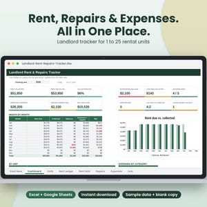 K&ouml;nnte beinhalten: Eine digitale Miet- und Reparatur-Tracker-Tabelle f&uuml;r Vermieter auf einem Laptop-Bildschirm. Das Dashboard enth&auml;lt Finanz&uuml;bersichten, ein monatliches Register und ein Balkendiagramm zum Vergleich von f&auml;lligen und eingenommenen Mieten.
