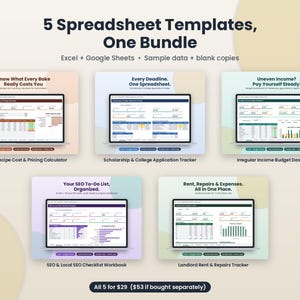 K&ouml;nnte beinhalten: Ein digitales Paket mit 5 Tabellenkalkulationsvorlagen f&uuml;r Excel und Google Sheets. Enth&auml;lt einen Kalkulator f&uuml;r Backrezeptkosten, einen Tracker f&uuml;r Stipendien und Bewerbungen, ein Budget-Dashboard f&uuml;r unregelm&auml;&szlig;iges Einkommen, ein SEO-Arbeitsbuch und einen Tracker f&uuml;r Mietreparaturen.