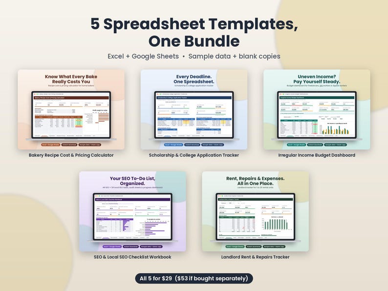 K&ouml;nnte beinhalten: Ein digitales Paket mit 5 Tabellenkalkulationsvorlagen f&uuml;r Excel und Google Sheets. Enth&auml;lt einen Kalkulator f&uuml;r Backrezeptkosten, einen Tracker f&uuml;r Stipendien und Bewerbungen, ein Budget-Dashboard f&uuml;r unregelm&auml;&szlig;iges Einkommen, ein SEO-Arbeitsbuch und einen Tracker f&uuml;r Mietreparaturen.