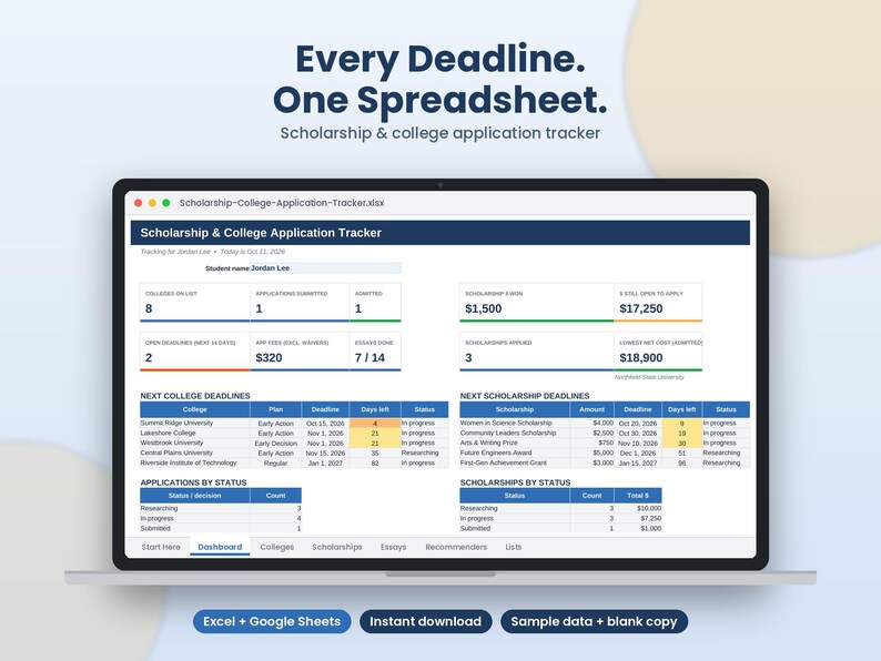 May include: A digital scholarship and college application tracker spreadsheet displayed on a laptop screen. The dashboard features tables for college deadlines, scholarship deadlines, and application status with columns for dates, amounts, and progress.