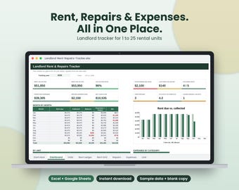 Op de afbeelding: Een digitaal spreadsheet voor huur- en reparatietracking voor verhuurders op een laptopscherm. Het dashboard bevat financiële overzichten, een maandelijkse administratie en een staafdiagram met de vergelijking van verschuldigde en geïnde huur.